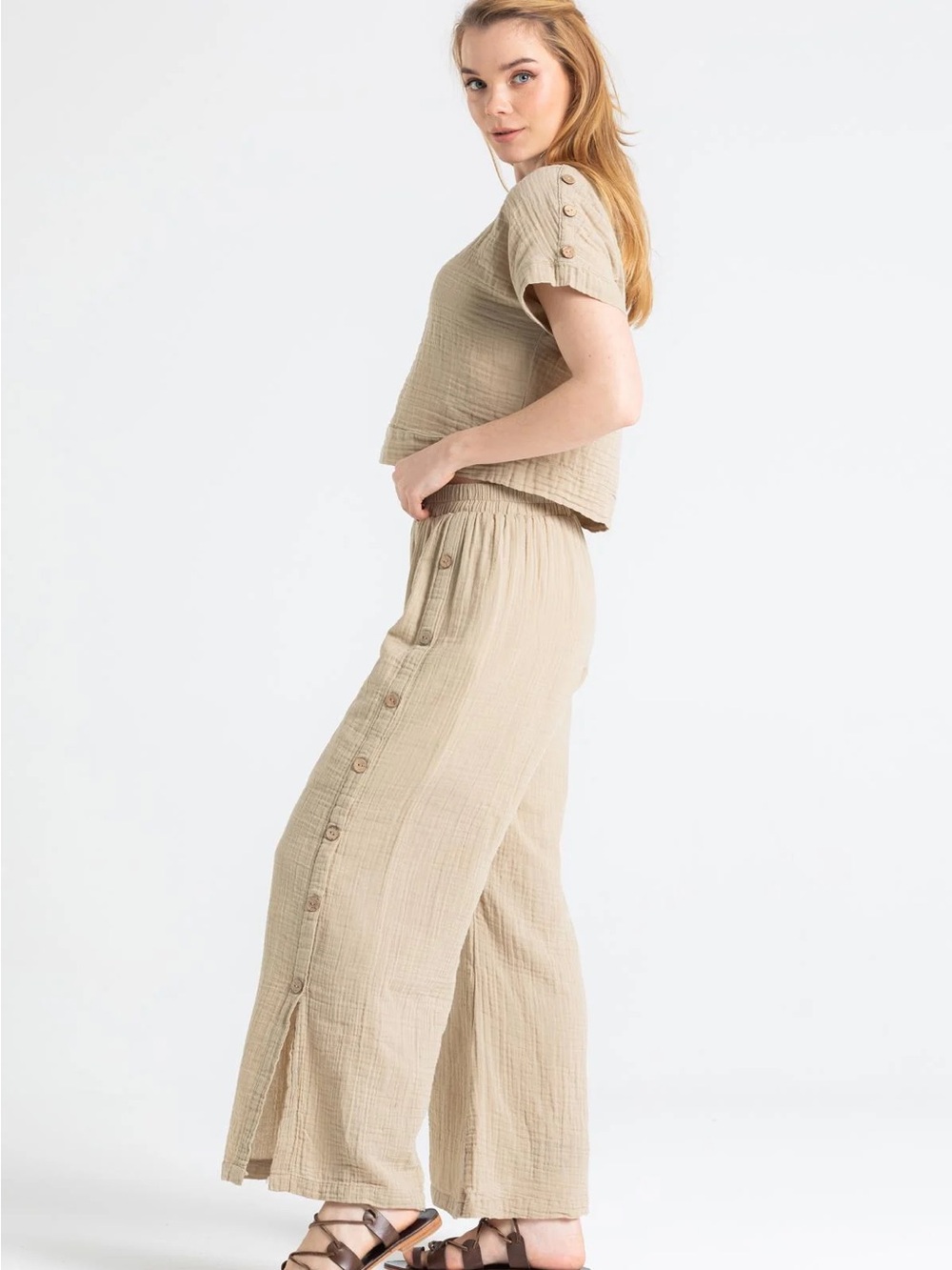 4/$15 SHEIN Neutral-Tone Wide Leg Button-Trim Pants